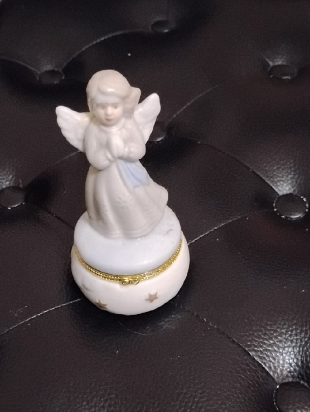White Porcelain Angel Sculpture Jewelry Box with Gold Trim